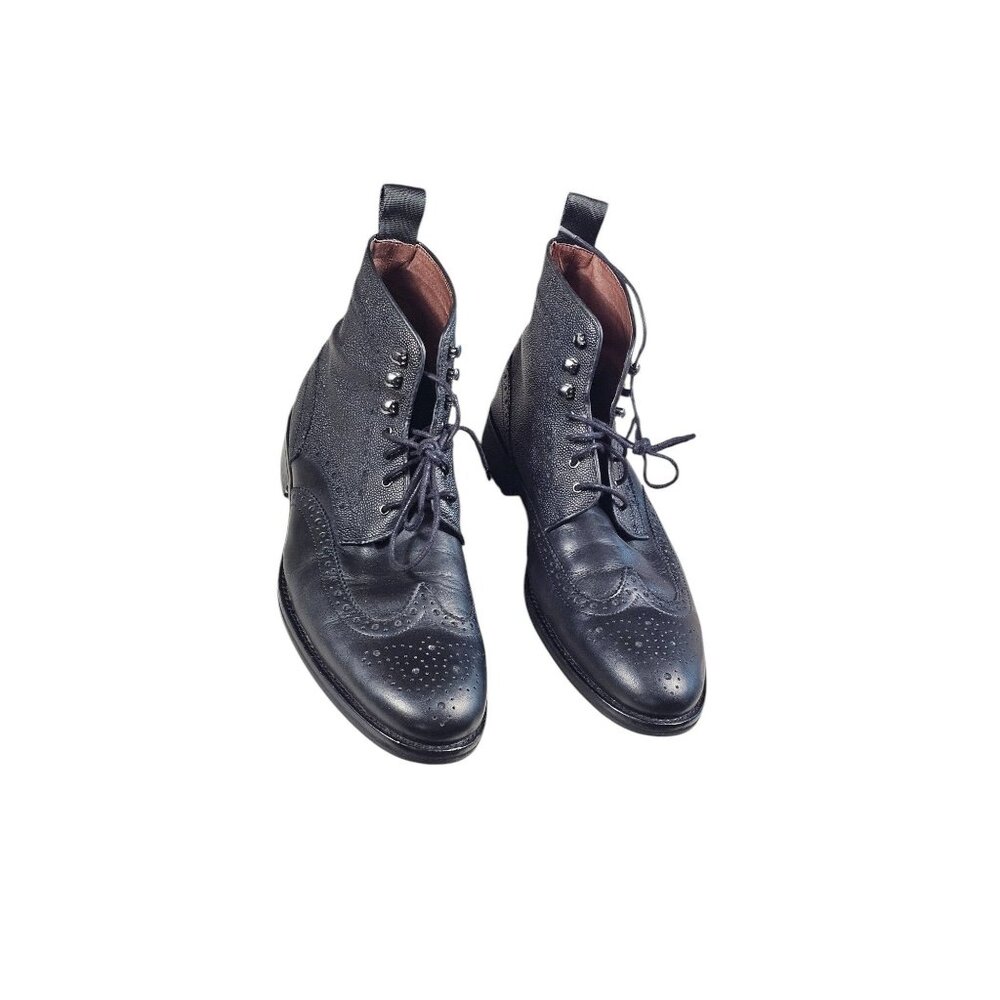 Marco Vittoria Mens 10 Black Leather Wingtip Brogue Boots With Lugged Sole
